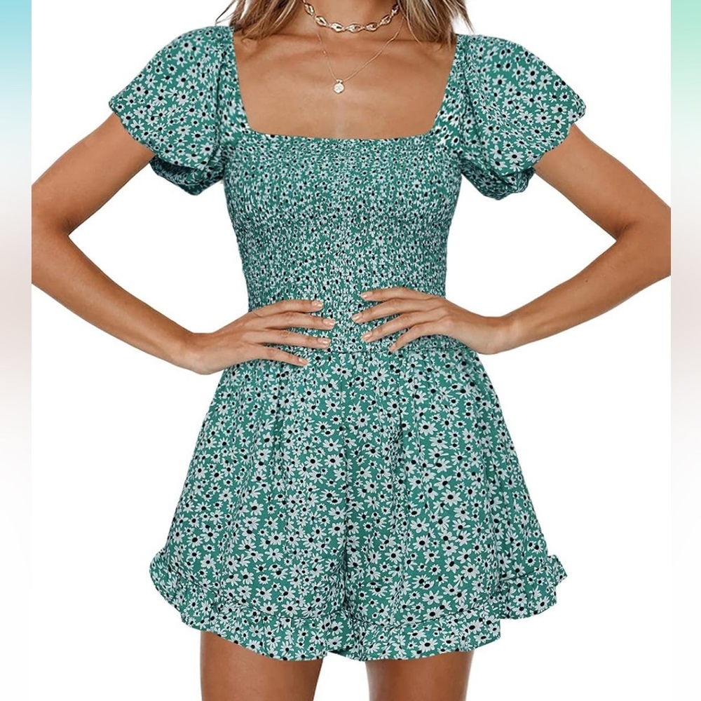 Floral Square Neck Smocked Romper Puff Sleeve Wide Leg 💚🌸